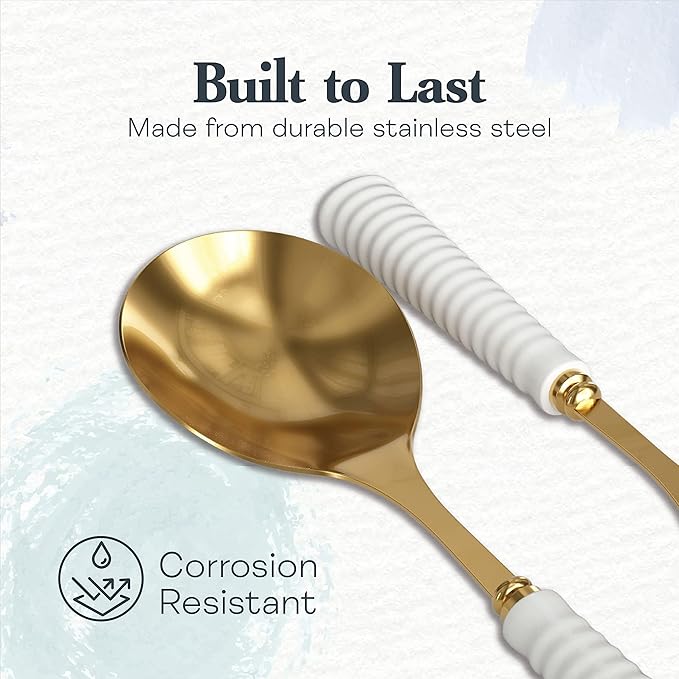 Portmeirion Sophie Conran Salad Servers 10-Inch - Set of 2, Gold Metal Spoons with Fine Porcelain Ripple Handles, Elegant Cutlery for Serving Salads & Dining Presentation