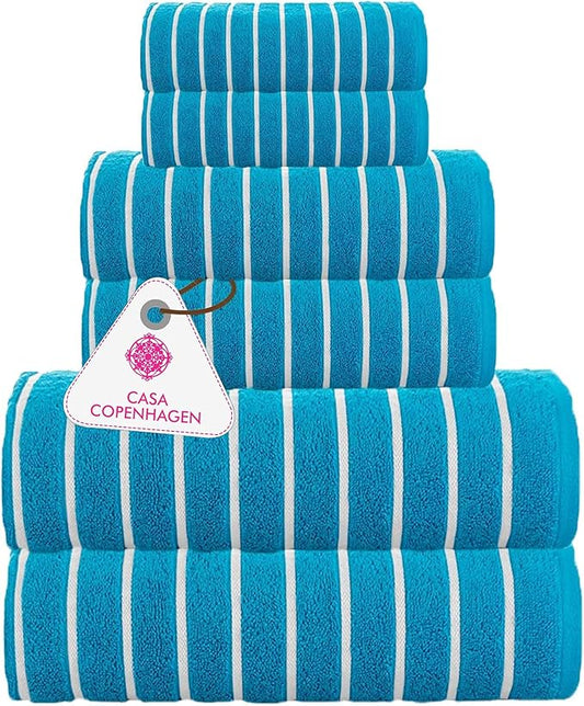 CASA COPENHAGEN Ecstatic 6 Pieces Towel Set- Teal Blue, 600 GSM 2 Bath Towel 2 Hand Towel 2 Washcloth, Designed in Denmark Made of Soft Egyptian Cotton for Bathroom, Kitchen & Shower.