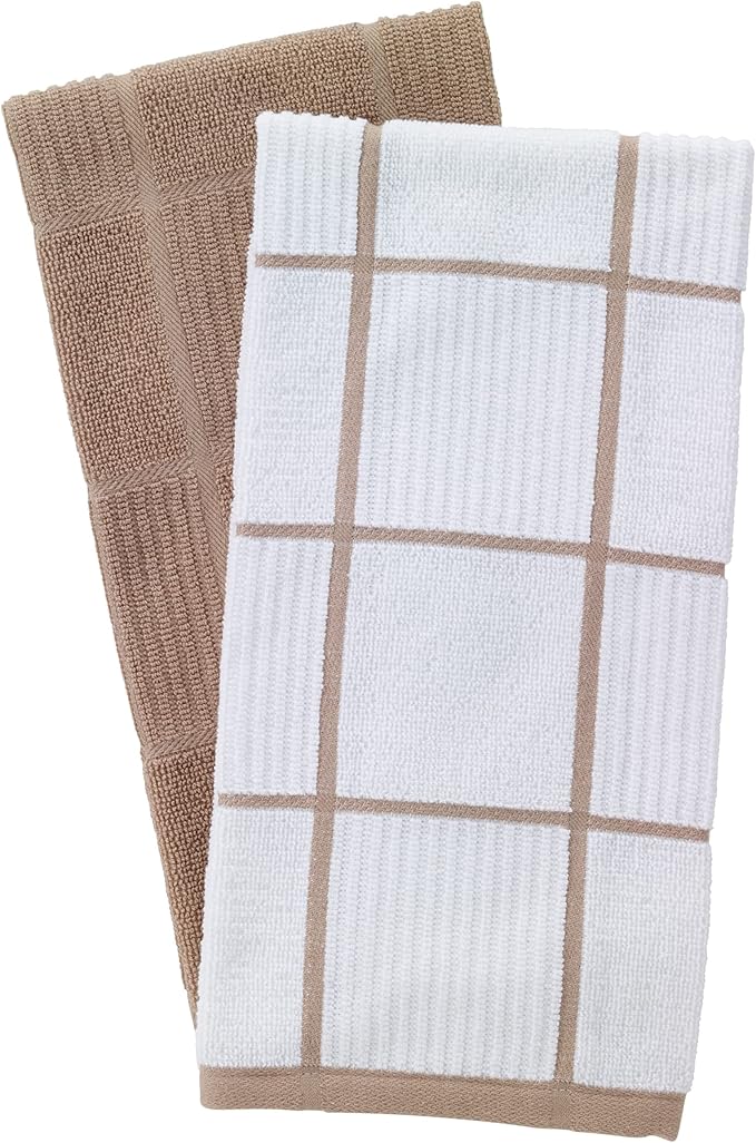 T-fal Solid & Checked Parquet Kitchen Towels: Highly Absorbent, Super Soft Long Lasting - 100% Cotton, 16"x26" Dish Towels for Cleaning & Drying Dishes, Pans, Glassware, or Countertops, (2-Pack), Sand