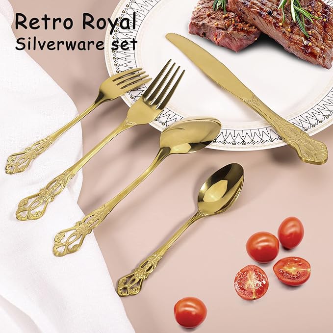 40 Piece Gorgeous Retro Royal Gold Silverware Set for 8, Premium Stainless Steel Flatware Set with gift box, Mirror Polished Cutlery Set Including Spoons and Forks, Vintage Utensils, Dishwasher Safe