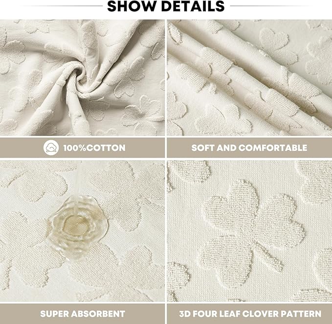 Artoid Mode 2 Pcs Beige 3D Shamrock Jacquard Patrick Hand Towels for Bathroom, 100% Cotton Soft Absorbent Bathroom Decor Towels, 13.7 x 29.5 Inch