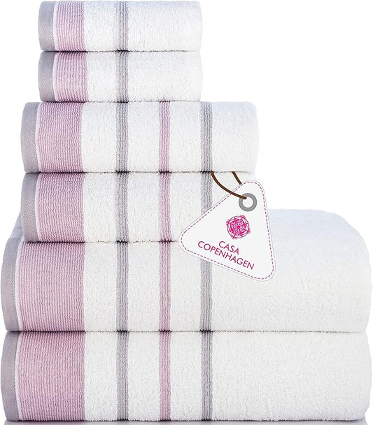 CASA COPENHAGEN White Bay, 6 Pieces Towel Set- White with Lavender and Grey Violet Border, 600 GSM, 2Bath, 2Hand, 2Washcloths Egyptian Cotton Towel for Hotel Spa Kitchen Bathroom Kitchen & Shower