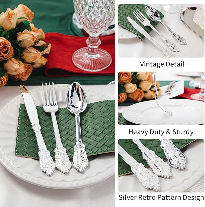 N9R 120PCS Silver Plastic Silverware, Heavy Duty Plastic Cutlery for Parties, Fancy Disposable Flatware Set Includes 40 Forks, 40 Spoons, and 40 Knives, Perfect for Weddings, Dinners, Picnics, Party