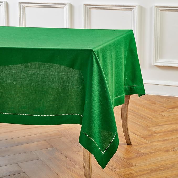 Solino Home Garden Green Linen Tablecloth 60 x 120 Inch - 100% Pure Linen Hemstitch Table Cloth for Rectangle Tables - Classic Hemstitch, Machine Washable Tablecloth for Winter, New Year