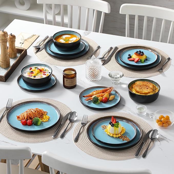 vancasso Plates and Bowls Sets, 18 Pieces Stoneware Dinnerware Sets for 6, Kitchen Dish Set Mircowave and Dishwasher Safe Dinner Set Ceramic Dishware, Sky Blue, Series AMBER