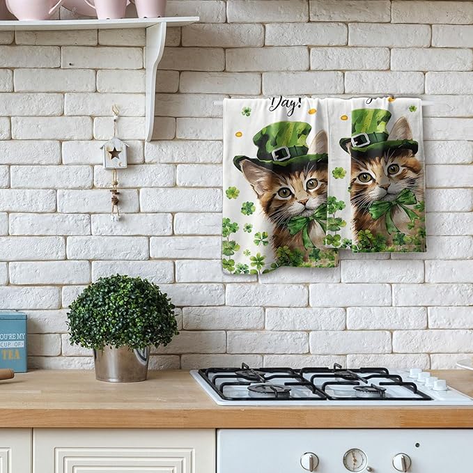 Imiss St. Patrick's Day Cat Kitchen Towels Green Leaves Shamrock Bath Towel Set of 2 Holiday Decor Guest Towel 14.4 x 28.3 Inch for Spa Yoga Sport Hotel