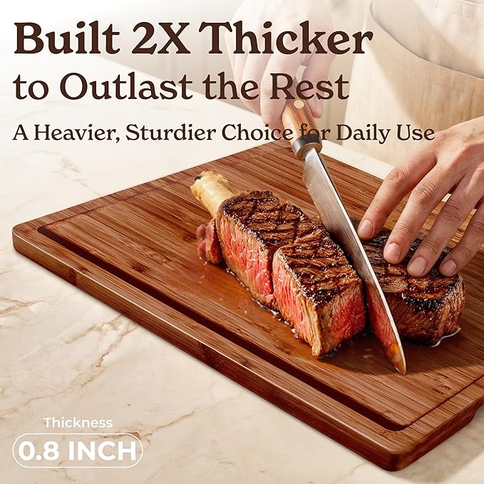 SMIRLY Wood Cutting Boards for Kitchen Wooden Chopping Board Set Reversible with Deep Juice Grooves Grip Handles, Large Charcuterie Tray, New Apartment Essentials, Carbonized Bamboo, 3Pcs with Holder