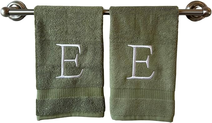 Sage Initial Hand Towel for Bathroom - Monogrammed Luxury Hotel Quality Decorative Embroidered Towel for Powder Room, Spa - GOTS Organic Certified - Set of 2 Letter E