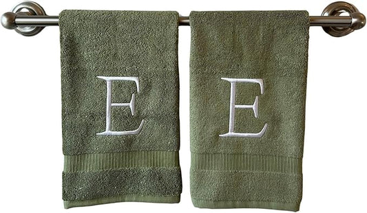 Sage Initial Hand Towel for Bathroom - Monogrammed Luxury Hotel Quality Decorative Embroidered Towel for Powder Room, Spa - GOTS Organic Certified - Set of 2 Letter E