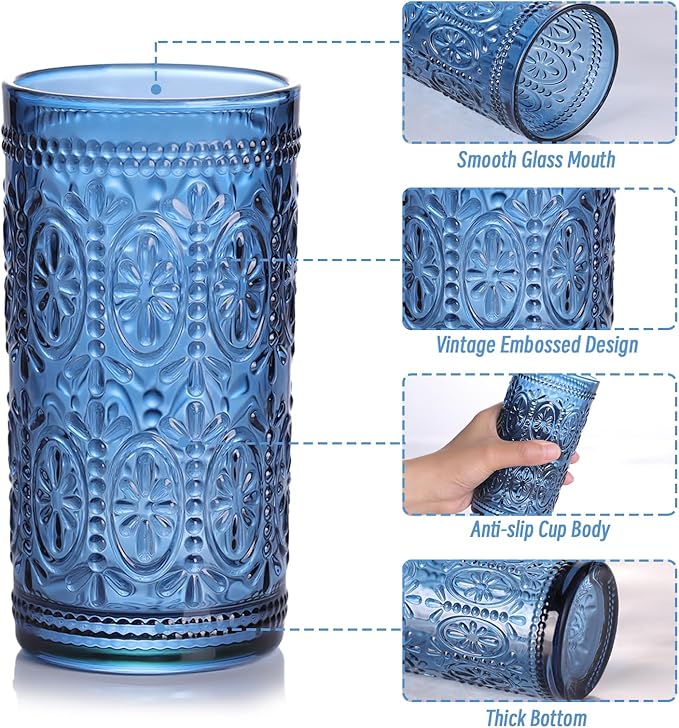 Blue Drinking Highball Beverage Glass Cup, Vintage Drinking Glasses, Colored Glassware Set for Party Wedding, Home, Office, Water, Juice, Cocktail, Highball Glasses Set of 4