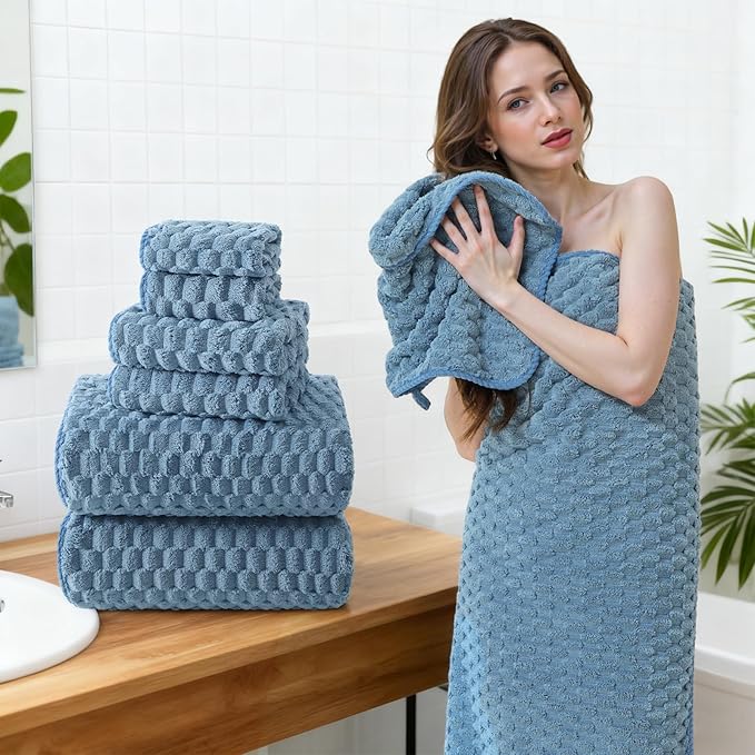 REDKISS Blue Microfiber Bath Towels Set of 6-35x70 Inches Oversized Bath Sheets, Extra Large Bath Towels Set of 6 for Adults, Super Soft Waffle Microfiber Shower Towels for Bathroom Hotel Towel
