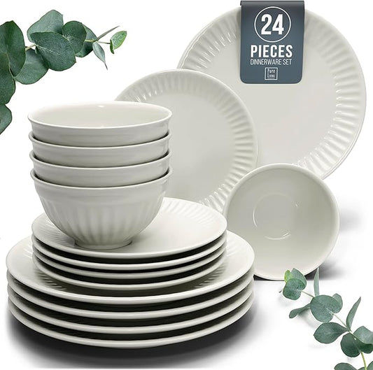Stoneware Dinnerware Set for 8 People HYGGE 24-Piece - Elegant Scandi Design - Premium Dish Set - Bowl and Plate Set - Tableware for 8 People in a Ribbed Design - Pure Living in Beige