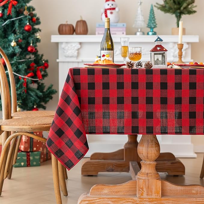Christmas Gingham Tablecloth Heavy Duty Cotton Blend Red 60x120 inch Plaid Christmas Table Cloth Reusable Waterproof Foldable Tablecloths Xmas Table Cover for New Year Party Decor