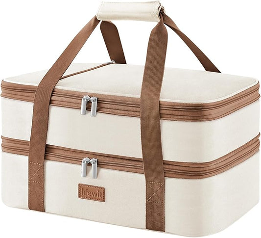 Lifewit Double Decker Insulated Casserole Carrier for Hot or Cold Food, Casserole Dish with Lid and Carrying Case, Lasagna Holder for Potluck Parties/Picnic/Cookouts, Fits 9"x13" Baking Dish, Beige