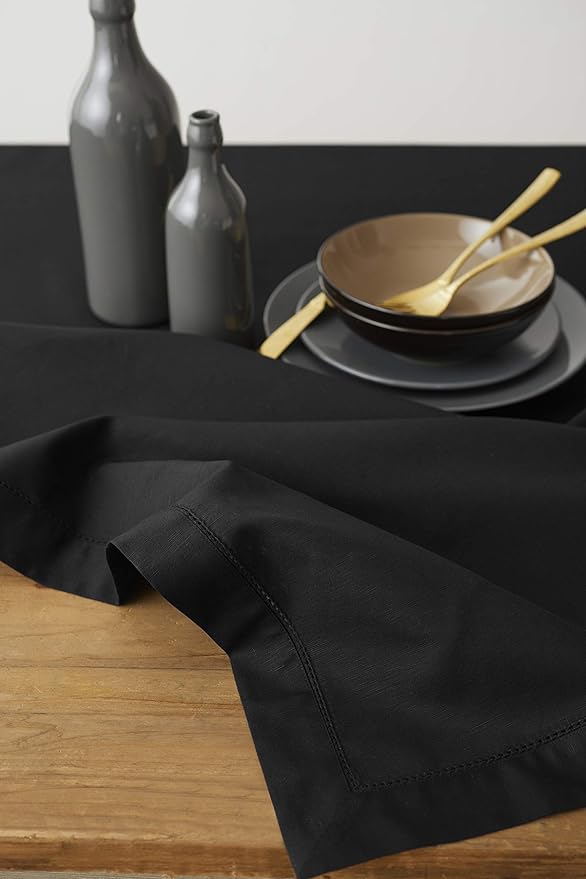 Solino Home Linen Black Tablecloth 58 x 84 Inch - Cotton Linen Hemstitch Rectangular Tablecloth - Machine Washable Table Cloth for Winter, Holiday, New Year