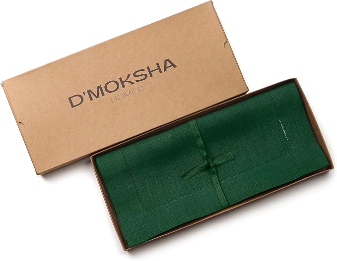 D'Moksha Homes Linen Forest Green Table Runner 48 Inches - Classic Hemstitch, 100% Pure Linen Coffee Table Runner 14 x 48 Inch Ideal for Dresser Tables - Winter, Holiday, New Year