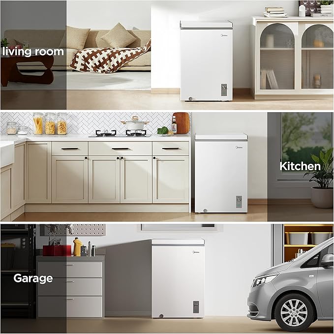 Midea MERC04C4BAWW Chest Freezer, 3.5 Cubic Feet Freezer With Removable Basket, Interior LED Light, Adjustable Temperature, For Kitchen Apartment Office, White