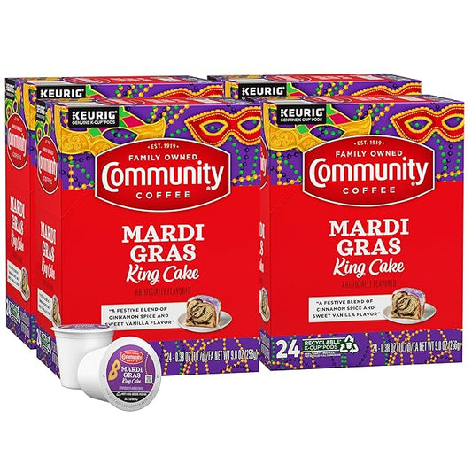 Community Coffee Mardi Gras King Cake Flavored 96 Count Coffee Pods, Medium Roast, Compatible with Keurig 2.0 K-Cup Brewers, 24 Count (Pack of 4)