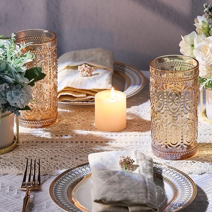 6 Pack Highball Beverage Glass Cup, 12oz Amber Glassware Drinking, Vintage Embossed Drinking Glasses, Old Fashioned Glass for Party Wedding Home Office and Gift