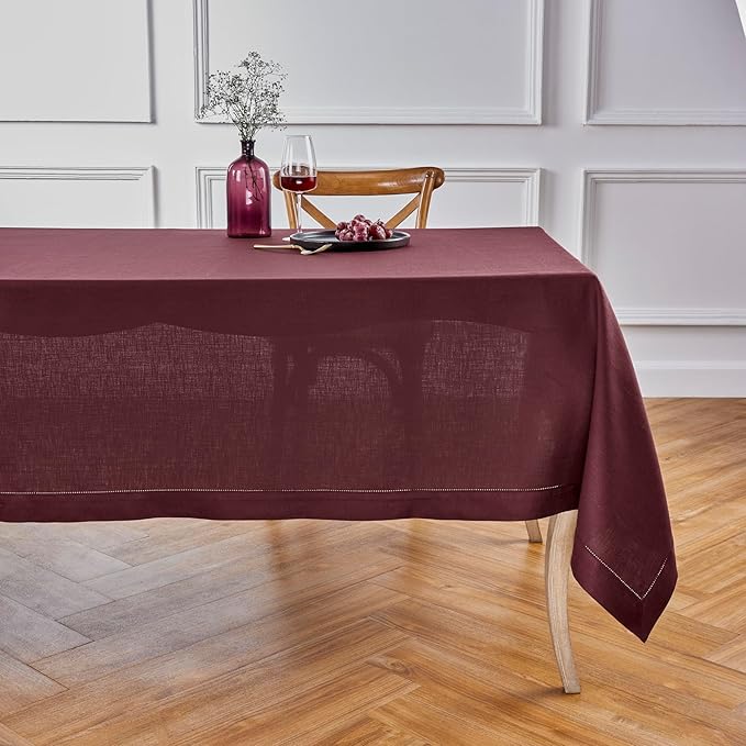 Solino Home Linen Burgundy Tablecloth 60 x 90 Inch - Classic Hemstitch, 100% Pure Linen Rectangular Tablecloth - Machine Washable Table Cloth for Valentines, Holiday, Winter, New Year