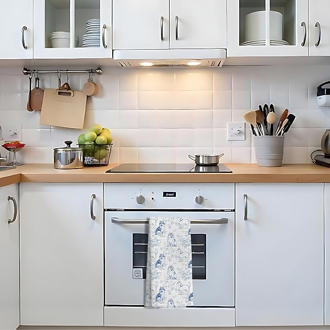 Siberian Husky Dog Gifts for Light Blue Chinoiserie Floral Decor Kitchen Towels，Blue and White Husky Dog Grandmillennial Decorative Dish Tea Towels for Bathroom,16x24 Inch