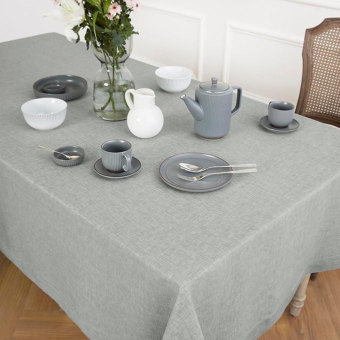Solino Home Linen Tablecloth 60 x 108 Inch - 100% Pure Linen Chambray Grey Table Cloth for Rectangle Tables - Athena, Machine Washable Fabric Tablecloth