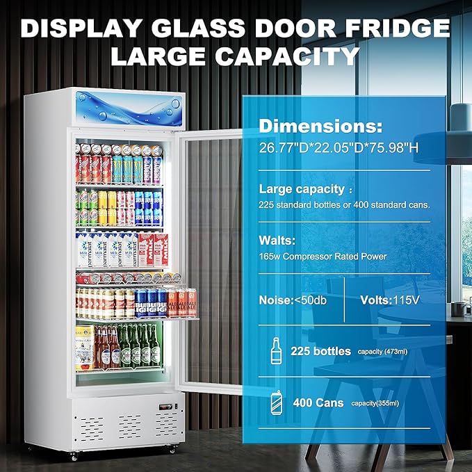 White Commercial Glass Door Display Refrigerator 15 Cu.ft Cooler Beverage Refrigerators with LED Light and 5 Shelves for Cafe Restaurant Store Bar