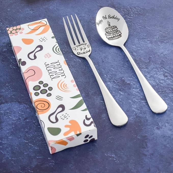 Happy 9th Birthday Spoon&Fork Gifts Engraved Spoon&Fork Personalized Birthday Gifts for Son Daughter Sister Brother Friends