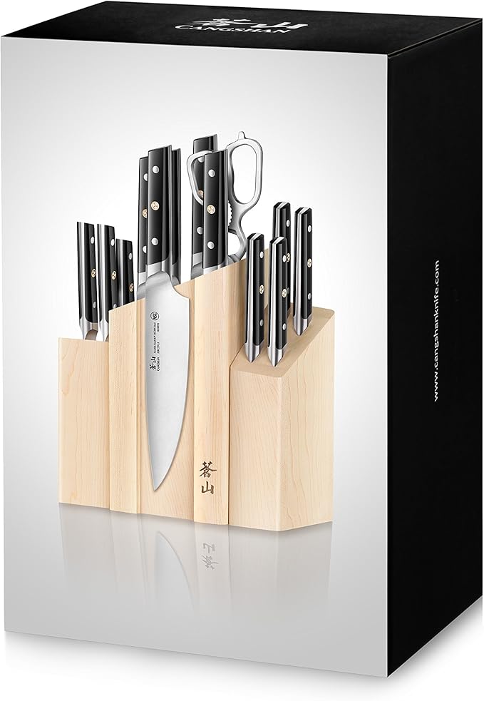 Cangshan TC Series 1021226 Swedish 14C28N Steel Forged 14-Piece DENALI Magnetic Knife Block Set, Maple