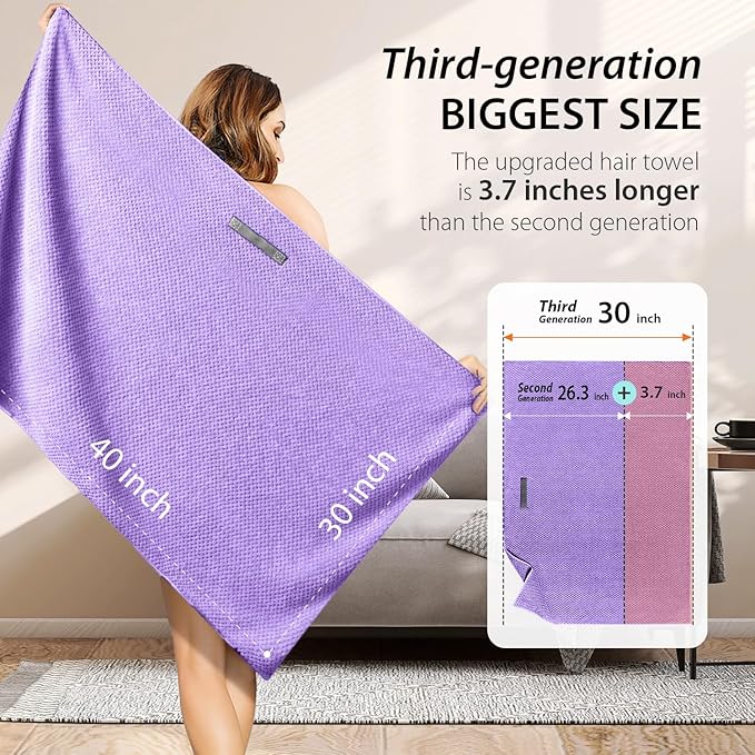 YFONG X-Large Hair Towel Wrap for Women, Super Absorbent Microfiber Hair Towel for Curly Hair, Fast Drying Hair Turbans with Elastic,Hair Drying Towel Wrap for Hair Care 30" X 40" (Purple)
