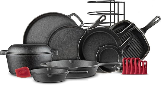Cuisinel Cast Iron Cookware 17-Piece Set - Pre-Seasoned 6" + 8" + 10" + 12" Skillet + Grill Pan+Lid + Griddle + Pizza Pan + Dutch Oven+Pan Cover + Panrack + Silicone Handle Grips + Pan Scraper/Cleaner