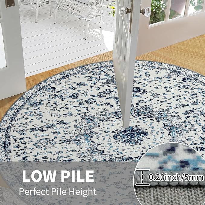 Easy-Going Round Rug 6ft Area Rug Washable Boho Circle Rugs for Living Room Non-Slip Bedroom Rug Low Pile Lightweight Floral Print Vintage Throw Rug for Dining Room Kitchen Home Office, Blue Cream