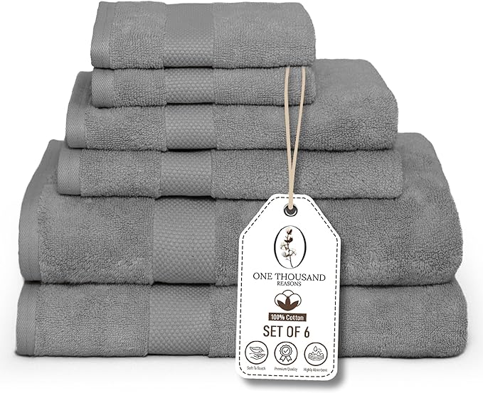 Premium Staple Cotton Bathroom Towel Set - Gray 600 GSM 6-Piece Luxury Bath Towel Set 1 Stripe - 2 Bath Towels, 2 Hand Towels & 2 Washclothes Set - High Absorbent & Quick Dry for Gym, Spa, Hotel