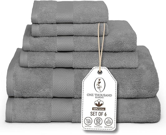 Premium Staple Cotton Bathroom Towel Set - Gray 600 GSM 6-Piece Luxury Bath Towel Set 1 Stripe - 2 Bath Towels, 2 Hand Towels & 2 Washclothes Set - High Absorbent & Quick Dry for Gym, Spa, Hotel