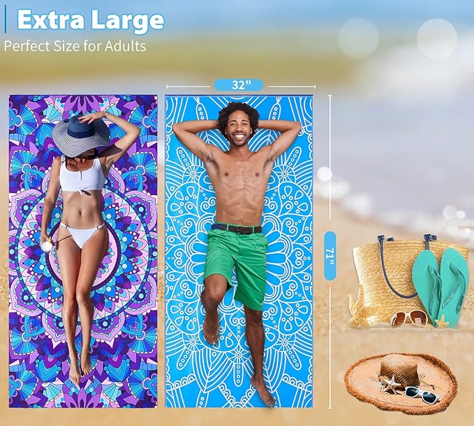 4 Pack Microfiber Thin Lightweight Beach Towel Oversized 71x32 Extra Large Sand Free Towels for Travel Swim Pool Yoga Gym Camping for Adults Women Men Beach Essentials Accessories Vacation Gift