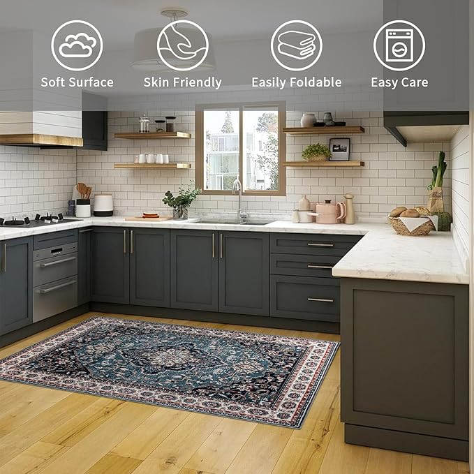 Easy-Going Area Rug 3x5 Entryway Rug Washable Inside Door Mats for Home Entrance Non-Slip Vintage Retro Small Rugs for Entry Living Room Bedroom Kitchen Bathroom Office Lightweight Carpet, Teal Brick