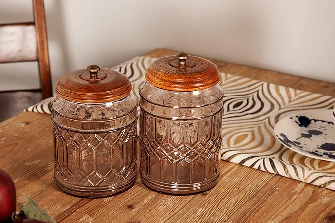Deco 79 Glass Living Room Decorative Jars Decorative Container with Wood Lids, Set of 3 Jar with Lid 8", 9", 11"H, Clear
