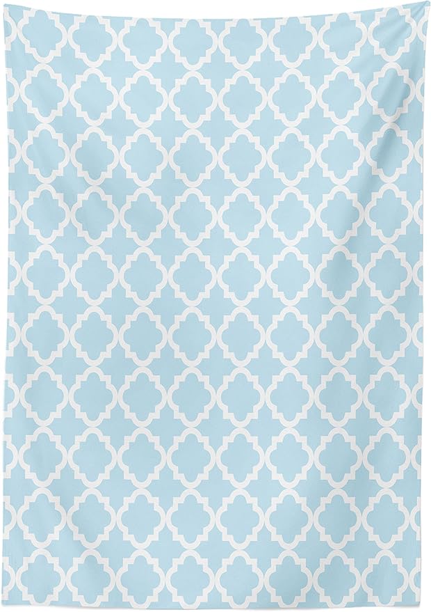 Ambesonne Quatrefoil Tablecloth, Vintage Antique Pattern Ornamental Monochromic Illustration Artwork Print, Rectangular Table Cover for Dining Room Kitchen Decor, 60" X 90", Blue White