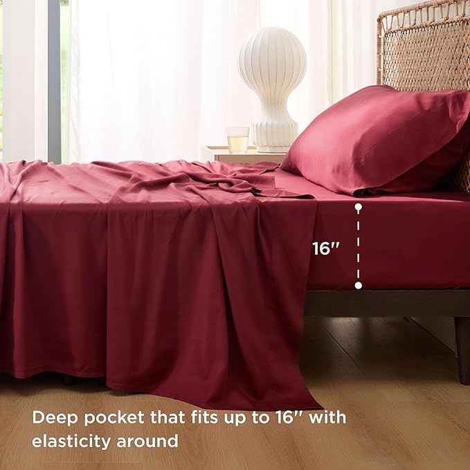 Bedsure Cooling Sheets Twin, Rayon Derived from Bamboo, Breathable & Soft Twin Sheets Set, Deep Pocket Up to 16 Inches, Hotel Luxury Silky Bedding for Hot Sleepers, Burgundy