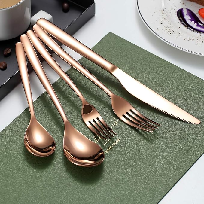 HOMQUEN 40-Piece Copper Silverware Set, Rose Gold Flatware Set for 8, Stainless Steel Tableware Cutlery Set, Utensil Sets for Kitchen, Forks and Spoons Silverware (Shiny Rose Gold)