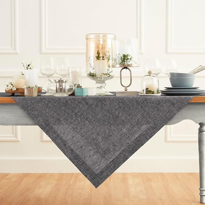 Solino Home Linen Cloth Tablecloth 52 x 52 Inch - 100% Pure Linen Chambray Black Square Tablecloth - Athena, Machine Washable Table Throw for Winter, Holiday