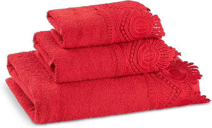 3 Piece Laced Bath Towels Set for Bathroom, Bath, Hand & Wash Cloths, Decorative Stylish Plush Cotton Washcloths - Showering, Face & Body Washing, Airbnb Essentials & Host Accessories, Red