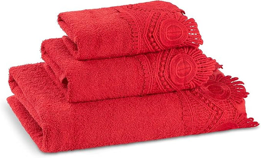 3 Piece Laced Bath Towels Set for Bathroom, Bath, Hand & Wash Cloths, Decorative Stylish Plush Cotton Washcloths - Showering, Face & Body Washing, Airbnb Essentials & Host Accessories, Red