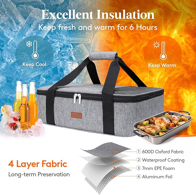 Lifewit Insulated Casserole Carrier for Hot or Cold Food, Casserole Dish Carrying Case, Lasagna Holder for Potluck Parties/Picnic/Cookouts, Fits 9"x13" Baking Dish, Grey