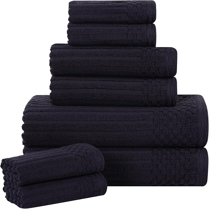 Cotton 8-Piece Solid and Ribbed Towel Set, Face Towels 13” x 13”, Hand Towels 16” x 28”, Bath Towels 27” x 54”, Black by Superior