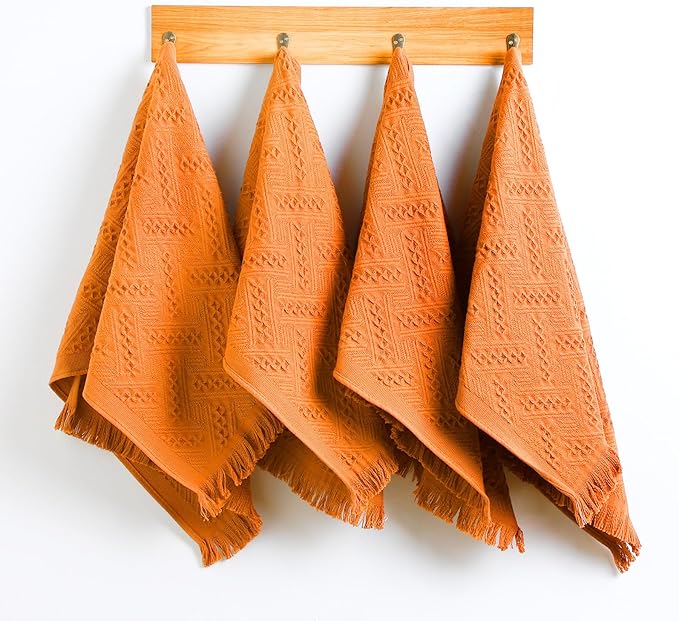 4 Pack Boho Bathroom Hand Towel 14 x 30 Inch 100% Turkish Cotton Decorative Boho Kitchen Hand Towel Farmhouse Bathroom Decor Set Absorbent Soft Guest Tea Gift(Orange)