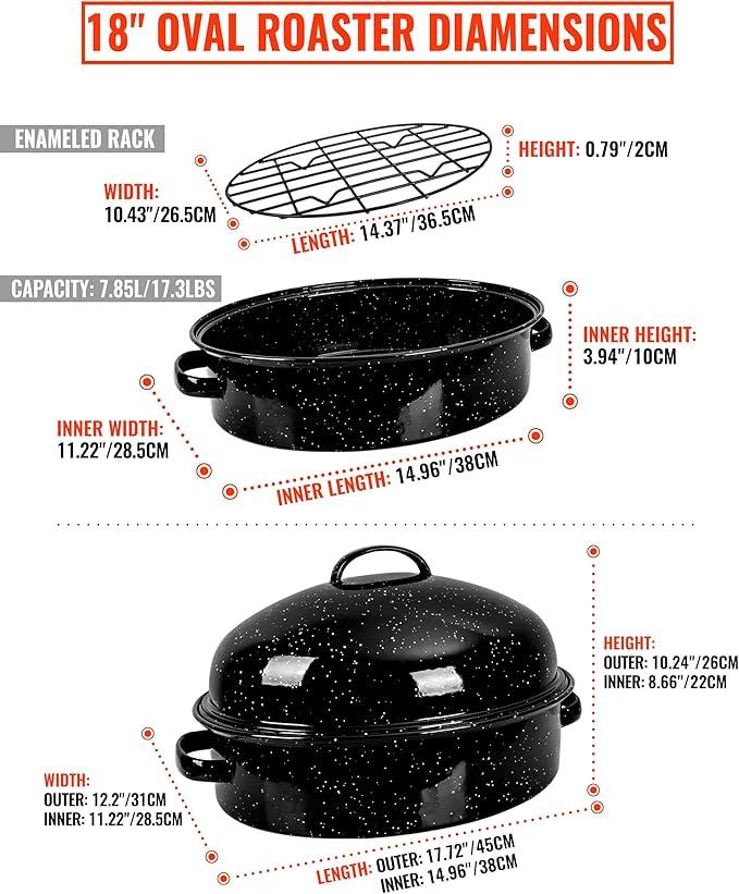 Roasting Pan with Lid & Rack 18 Inch Extra Large Deep Oven Baking Pot, Enamel Granite NonStick Oval Carbon Steel Potato Roaster Pot for Turkey Chicken Steak NonToxic Perfect for Christmas Party