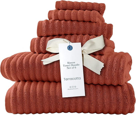 Blue Loom Ribbed Bath Towels Set, 100% Cotton 600GSM, Soft Absorbent Durable 2 Bath Towels, 2 Hand Towels, 2 Wash Cloths for Bathroom - Mason (58" x 30" inch Towels) (Terracotta, 6 Piece)