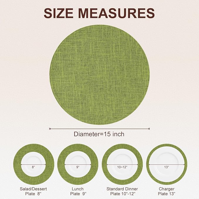 homing 15 Inch Round Cloth Placemats Set of 6, Cotton Linen Blend Washable Table Mats, Farmhouse Dining Place Mats for Indoors & Outdoors, Easy to Clean, Grass Green