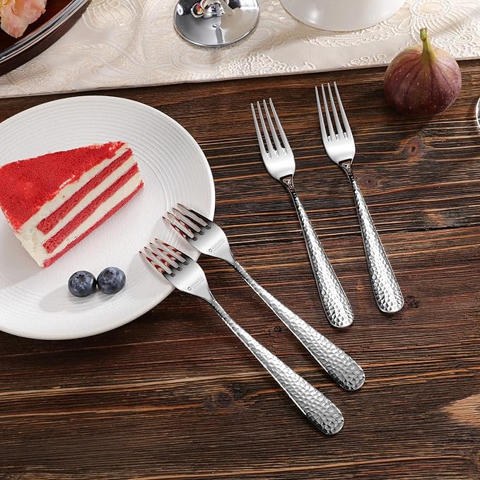 KEAWELL Premium 8-Piece Louise Hammered Fork Set, 18/10 Stainless Steel, Fine Fork Set with Round Edge, Brightly-Mirror polished, Dishwasher Safe. (8, 7.28" Salad Forks)